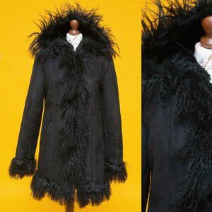 Vintage real mongolian fur trim faux shearling mid length coat